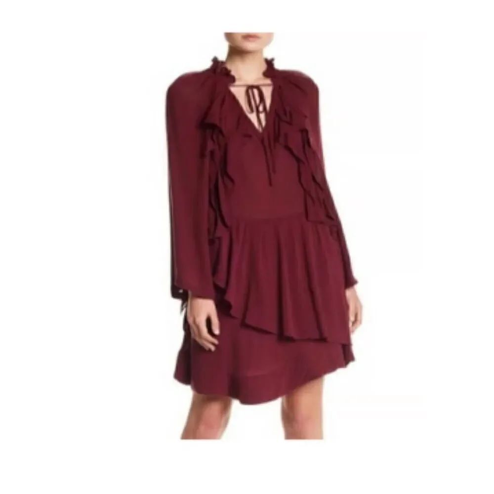 IRO Wine Salene Ruffle Trim Kimono Long-sleeved Dress Sz 42 fit US M/L